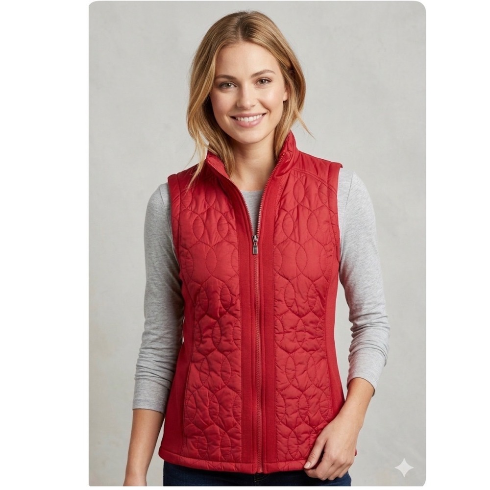 Weekends by Chicos Red Quilted Puffer Vest Mock Neck Full Zip Women Size 8